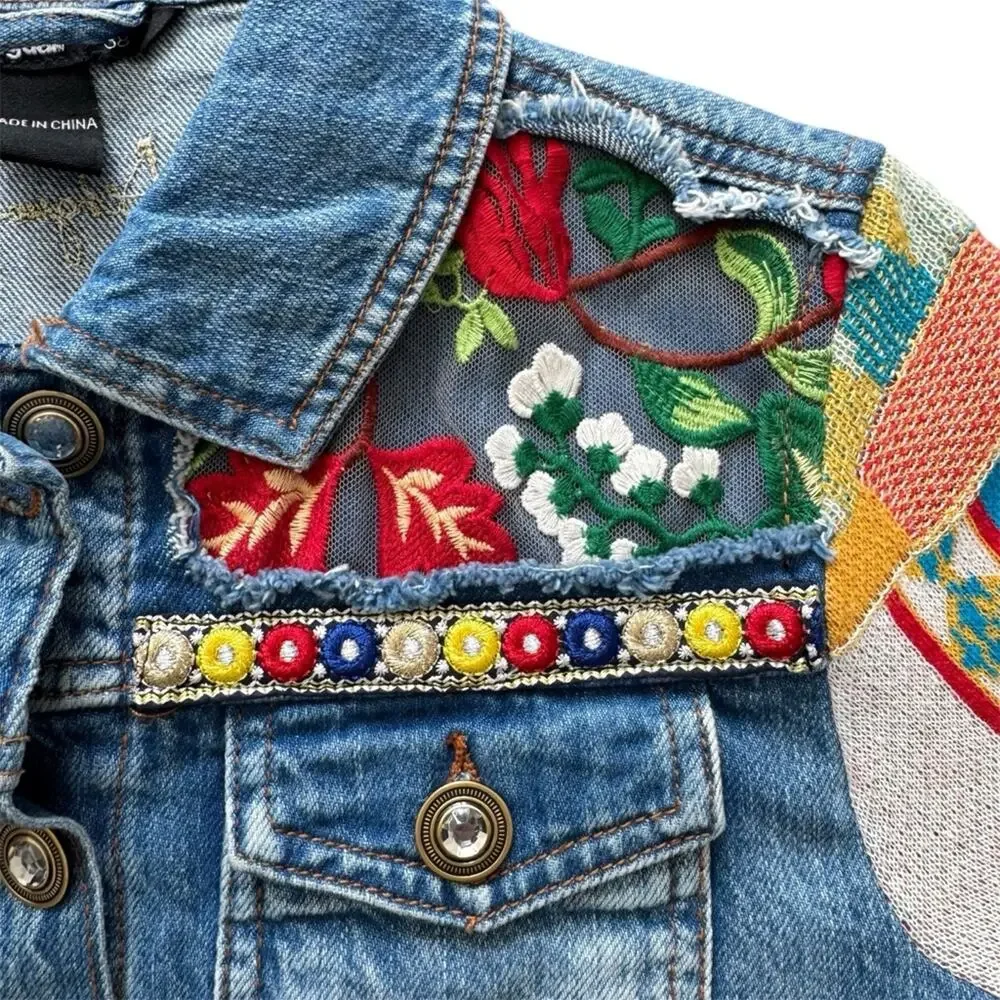 Desigual Fiorella Embroidered Denim Jacket Knitted Sleeves Bohemian Size 4 US - Picture 3 of 13